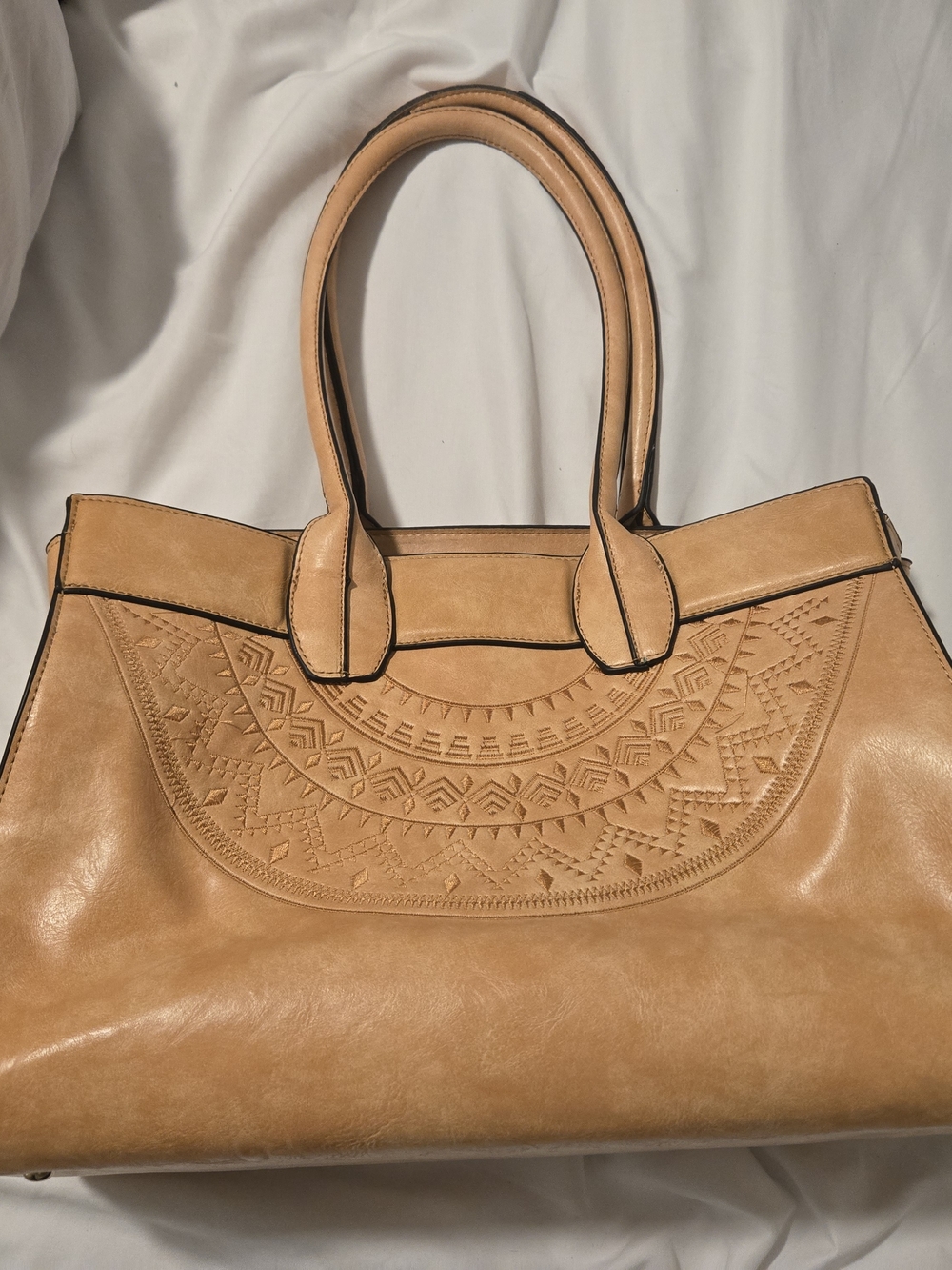 Tan Leather Tote Bag with Embossed Pattern